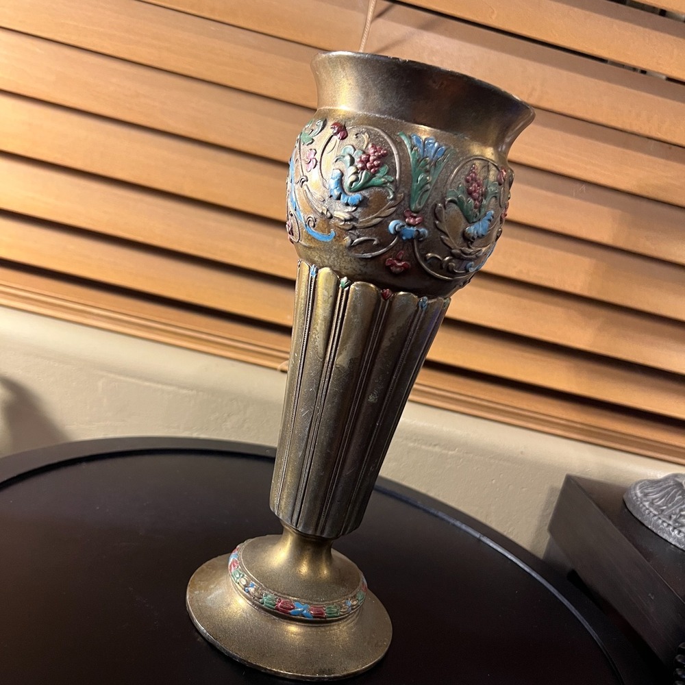 Vintage Etched Brass & Enamel Floral Vase Boho Decor 9.5 Inch Tall - Picture 2 of 15